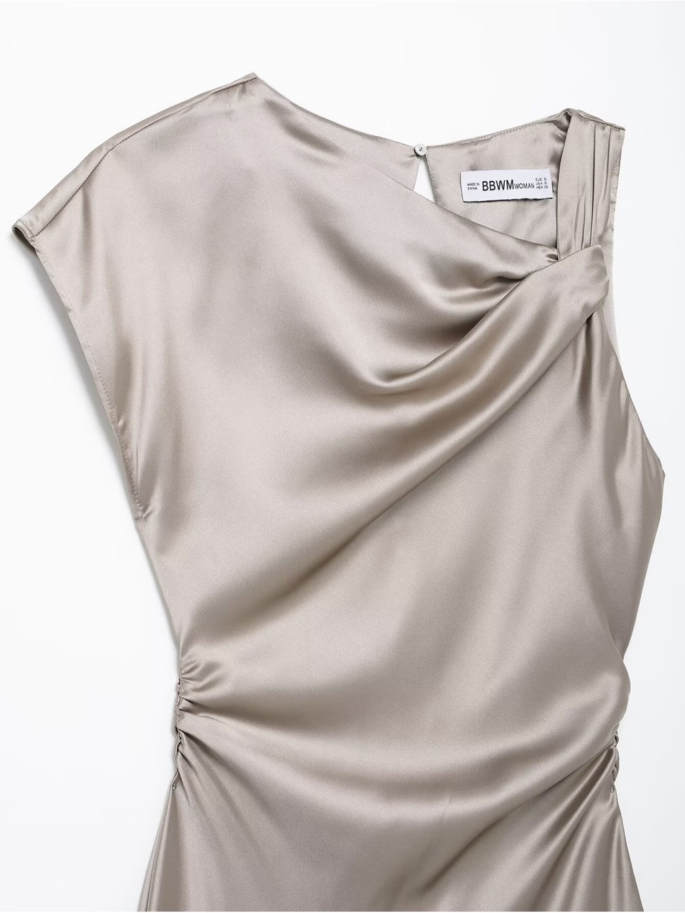 Silk-Blend Taupe Midi Dress with Gathered Detail - Picture 4 of 5